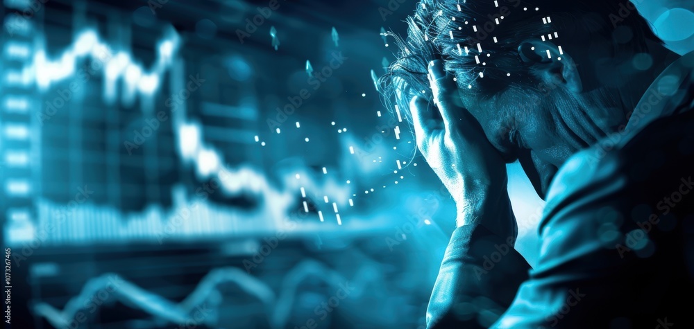 Poster a person is distressed while looking at fluctuating financial graphs in a futuristic setting, highli