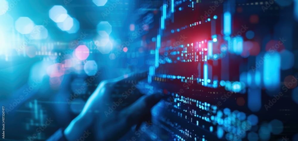 Poster A person interacts with a digital screen displaying colorful data visualizations, showcasing technology, innovation, and data analysis in a futuristic setting.