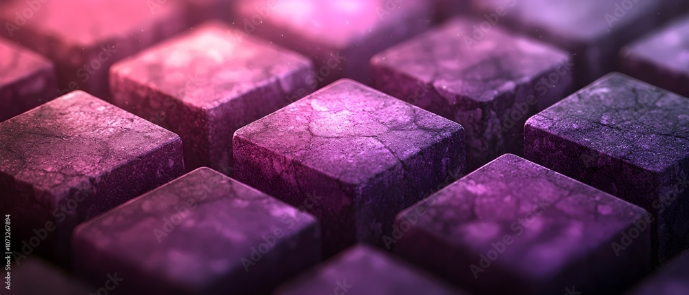 Poster a close-up view of textured, cracked stone blocks illuminated in vibrant shades of purple and pink, 
