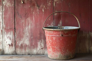Obraz premium Rustic red metal bucket against a weathered wooden wall evokes a sense of nostalgia and simplicity. The textured surface highlights its vintage charm.