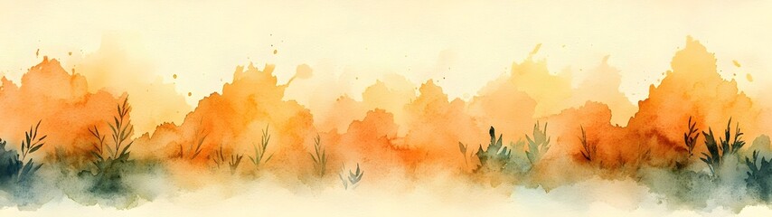 Obraz premium A serene watercolor landscape featuring soft orange and green hues, depicting a dreamy autumn scene with gentle brushstrokes and subtle textures.