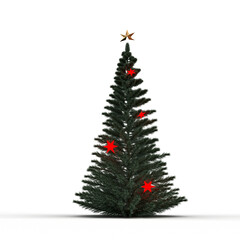Christmas tree decorated with red stars and golden star topper on black background