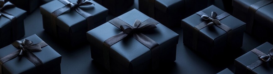 A row of black and brown boxes with black ribbons on them