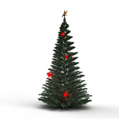 Christmas tree decorated with red stars and golden star topper on white background