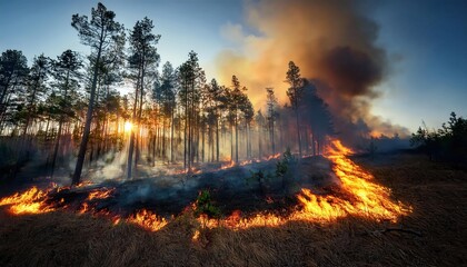 Dramatic Forest Wildfire Raging Through Pine Trees at Sunset with Intense Flames, Thick Smoke Clouds, and Dying Vegetation. Symbol of Environmental Crisis, Climate Change, and Deforestation Impact