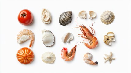 Seafood composition in flat lay style, isolated on white background