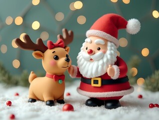 Merry Christmas and Happy new year postcard. Santa Claus and reindeer in a whimsical, snowy forest setting, toy figures with intricate details, playful and festive atmosphere