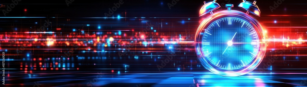 Poster a vibrant digital clock design with futuristic elements and colorful light trails symbolizing speed 