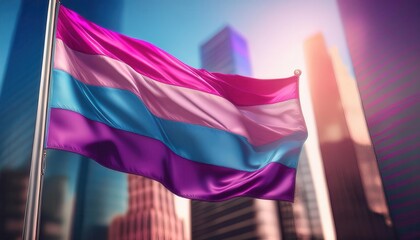 Bisexual Pride Flag Waving in Sunlit Urban Cityscape. Symbol of LGBTQ+ Inclusivity and Visibility in Modern Architecture