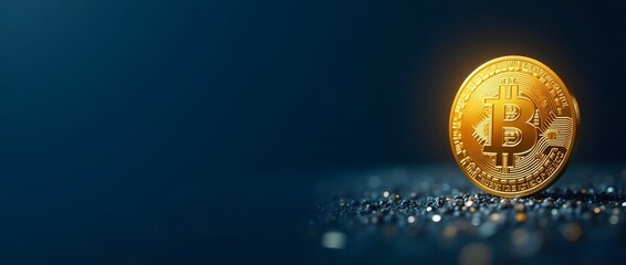 Golden Bitcoin Coins on Dark Blue Background - Digital Currency and Investment Concept