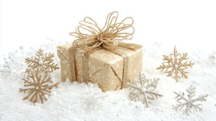 Snowflakes and stars with a Christmas gift, creating a festive winter display on white