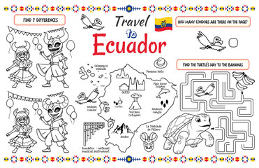 A fun placemat for kids. Printable “Travel to Ecuador” activity sheet with a labyrinth and find the differences. 17x11 inch printable vector file