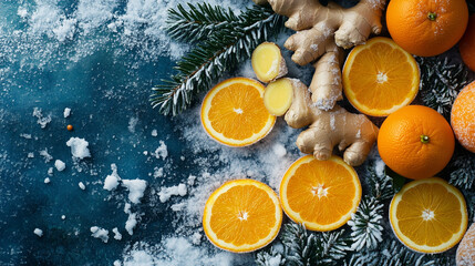 Oranges and ginger on snowy surface for winter health care