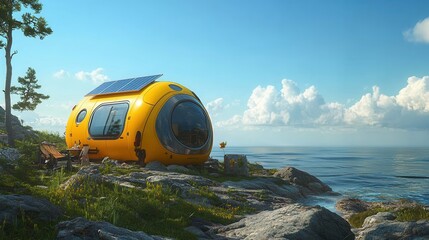 Obraz premium A vibrant yellow cabin by the serene ocean, surrounded by nature and carefree clouds, offering a perfect getaway.