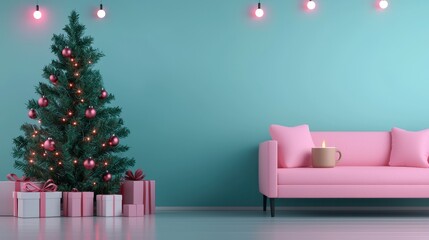 A cozy holiday scene featuring a decorated Christmas tree, pink sofa, and gifts against a turquoise wall.