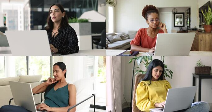 Four diverse attractive women using laptops for remote work or study, buying and ordering, purchasing electronic commerce and e-services, solve business remotely, worldwide communication, collage view