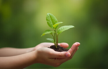 A child's hand gently holds a young plant, its vibrant green leaves contrasting against a lush nature background