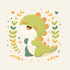 Obraz premium Cute Cartoon Dinosaur Surrounded by Floral Elements