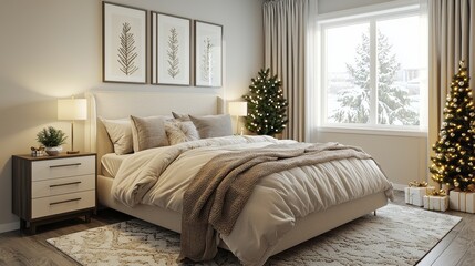 A cozy, elegantly decorated bedroom featuring a plush bed, Christmas trees, and warm lighting, creating a festive and inviting atmosphere.