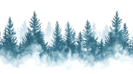 Winter forest scene with snowflakes and fir trees, softly blending into a white background