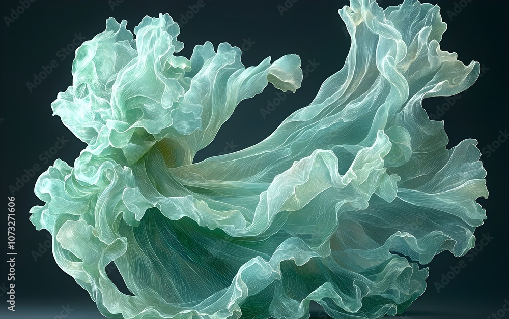 Poster a mesmerizing display of swirling, translucent fabric in soft mint and white hues, creating a sense 