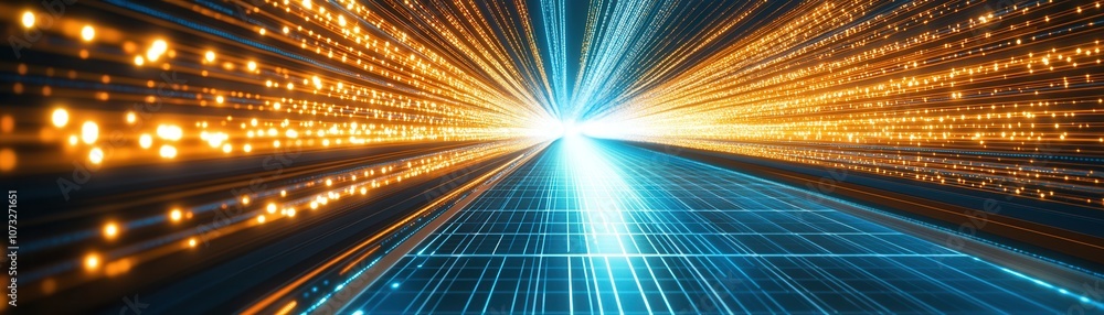 Poster dynamic abstract light trails conveying speed and innovation, ideal for tech-related themes and futu