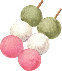 Hand-drawn three balls dango on a stick watercolor illustration