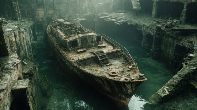 a sunken ship that has been neglected for years 