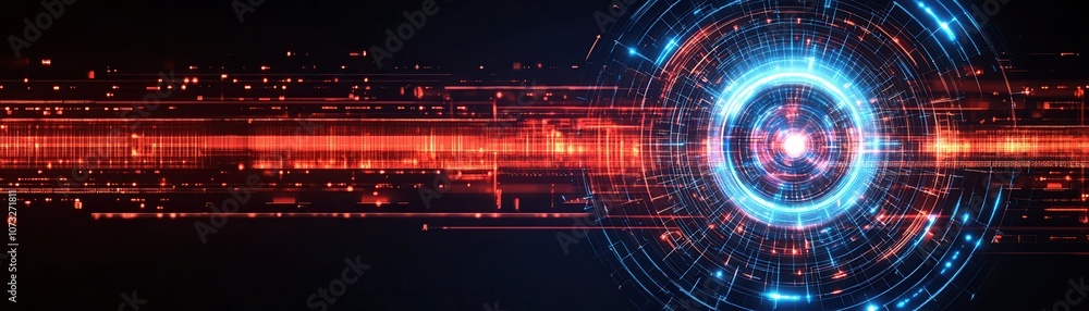 Poster futuristic abstract image featuring glowing lines and circular patterns in vibrant colors, perfect f