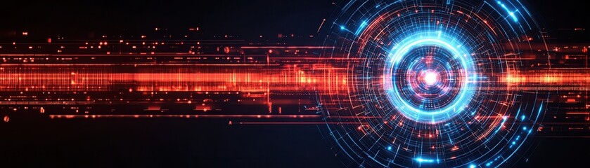 Obraz premium Futuristic abstract image featuring glowing lines and circular patterns in vibrant colors, perfect for tech-themed visuals.