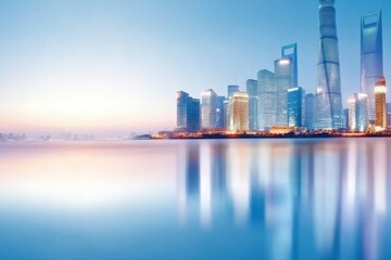 Fototapeta premium Shanghais Magnificent Skyline at Dusk With Reflections on the Huangpu River