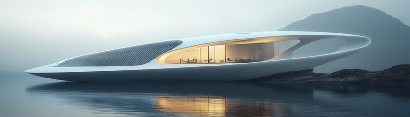 Fototapeta premium Futuristic architectural design of a sleek building on the water, surrounded by misty mountains, blending nature and innovation.