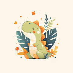 Naklejka premium Cute Cartoon Dinosaur Illustration with Tropical Leaves