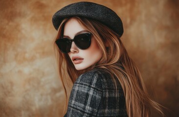 Fototapeta premium A woman wearing a black hat and sunglasses is posing for a photo