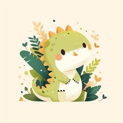 Fototapeta premium Adorable Cartoon Dinosaur with Leafy Green Background