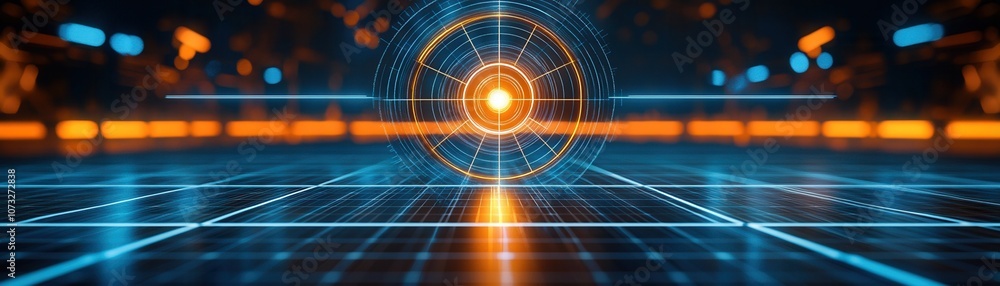 Poster futuristic digital grid with glowing neon elements, representing advanced technology and innovation 
