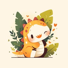 Fototapeta premium Adorable Cartoon Dinosaur in Jungle Setting with Heart Accents