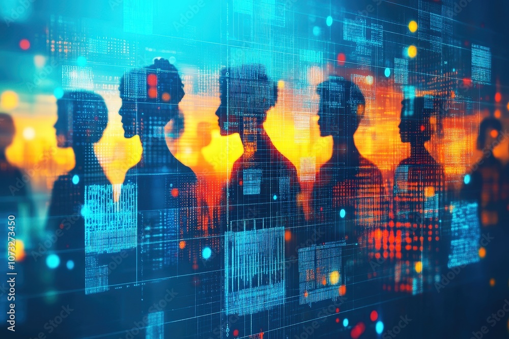 Aufkleber silhouettes of diverse people against a digital background of binary code and colorful lights symbol