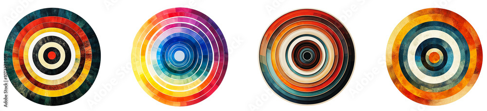 Poster colorful circular patterns in vibrant hues displayed together isolated on transparent background