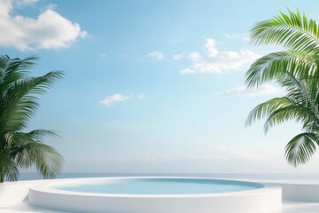 Fototapeta premium 3D render of a white podium with a blue sky and palm leaves on the right side, against a white background.generative ai