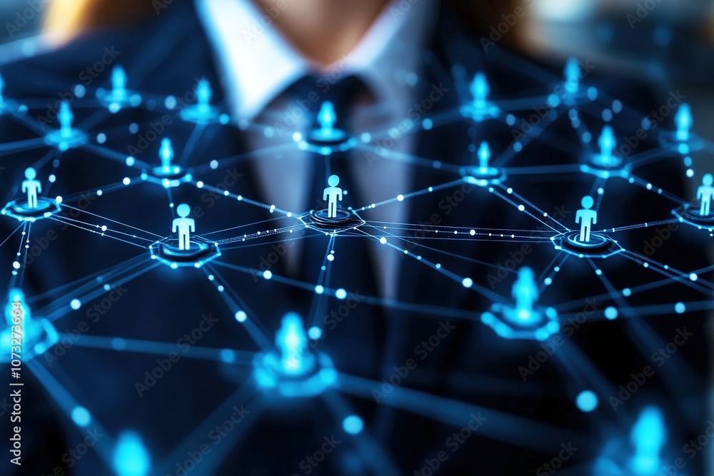 Poster futuristic network connection concept featuring digital human icons representing communication and c