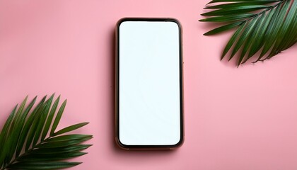 Mobile phone screen mockup on pink background with faux green palm leaves brand marketing product photography