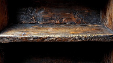 A close-up of a rustic wooden shelf with a dark finish and natural texture.
