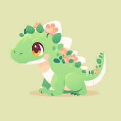 Fototapeta premium Adorable Cartoon Dinosaur with Floral Accents in Pastel Colors