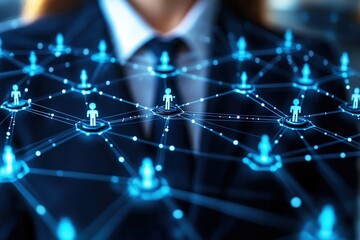 Futuristic Network Connection Concept Featuring Digital Human Icons Representing Communication and Collaboration in a Business Environment