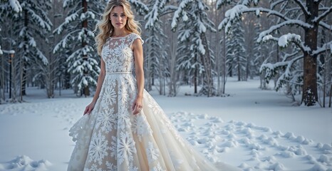 Elegant young woman in a lace wedding dress standing in a snowy forest landscape