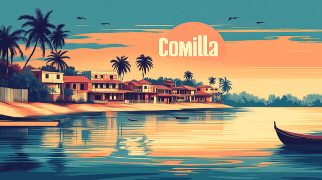 Comilla, Bangladesh, modern french vintage art nouveau travel poster. City name in bold art nouveau font. Graphic designed, trendy, artistic, clean