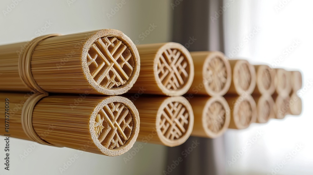 Aufkleber close-up view of rolled bamboo mats showcasing intricate patterns and smooth textures ideal for home