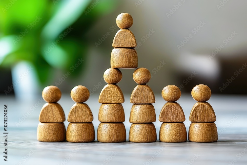 Poster wooden figures creating a pyramid structure symbolizing teamwork, leadership, collaboration, and pro
