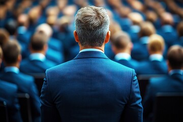 Fototapeta premium A Professional Man in a Suit Observing an Audience at a Conference, with a Focus on Business Attire and Corporate Environment for Networking and Engagement